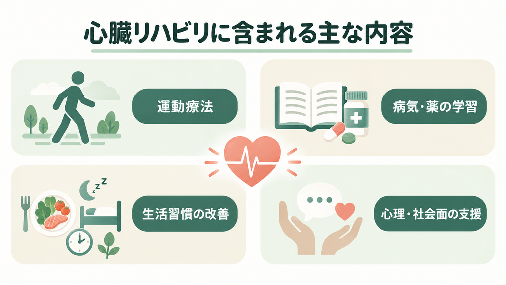 心臓リハビリに含まれる運動療法、病気と薬の学習、生活習慣の改善、心理・社会面の支援