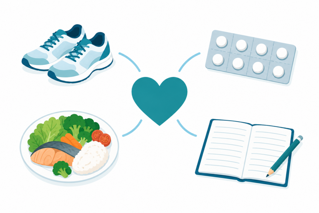 心臓の周囲に運動靴、薬、食事、記録ノートを配置し、運動・服薬・食生活・体調記録を表した図
