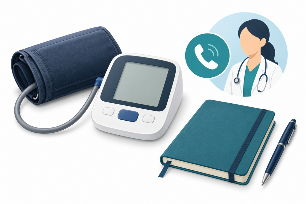体調を記録して相談することを表す血圧計、手帳、電話マーク